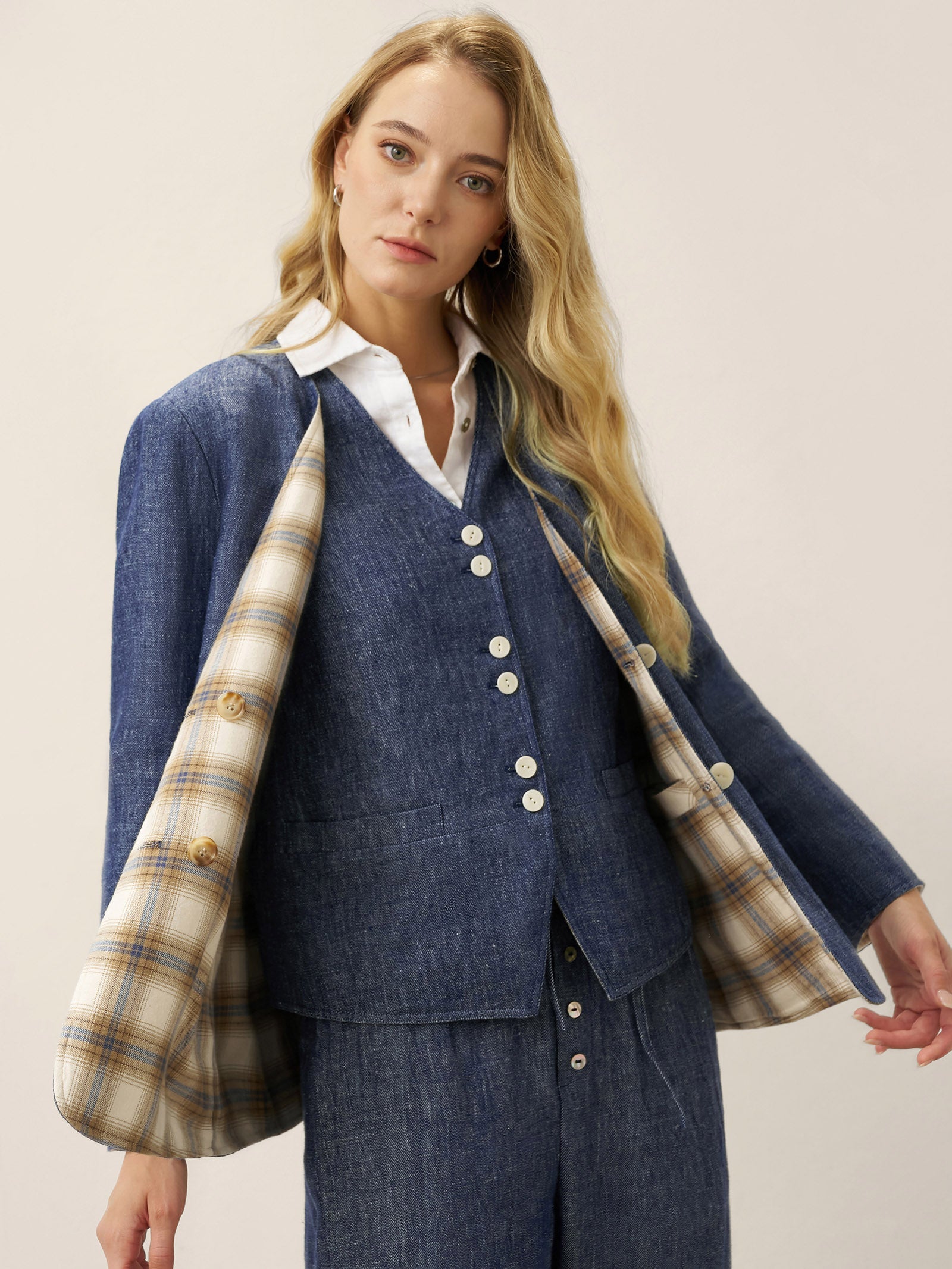Tencel Linen Reversible Denim Texture V Neck Jacket ELLIE