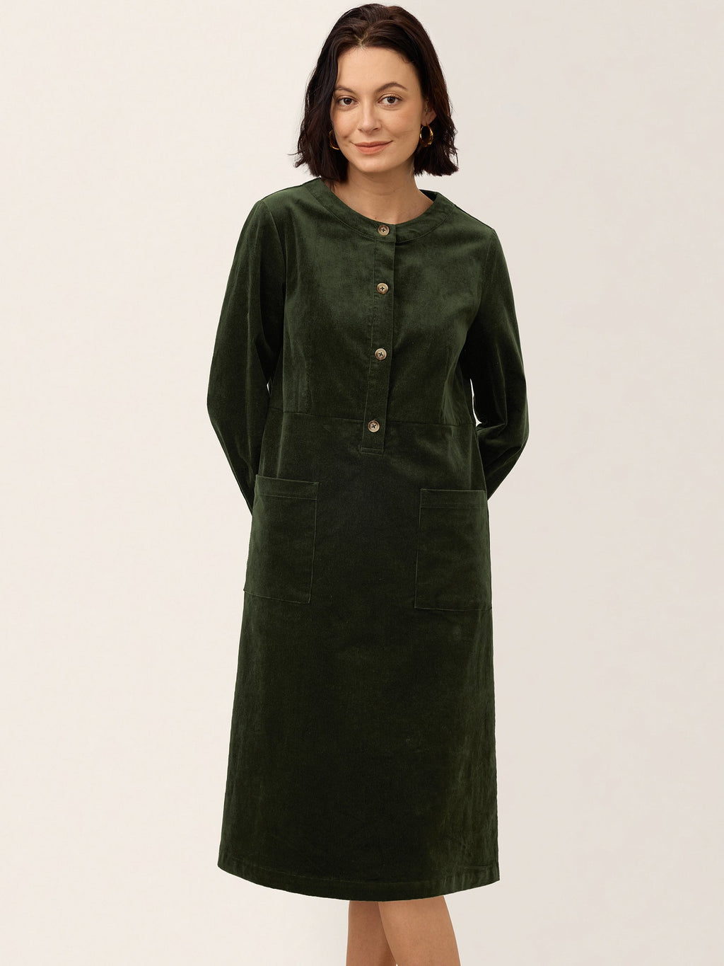 Cotton Lyocell Textured Button Front Pocket Midi Dress NOVALIE