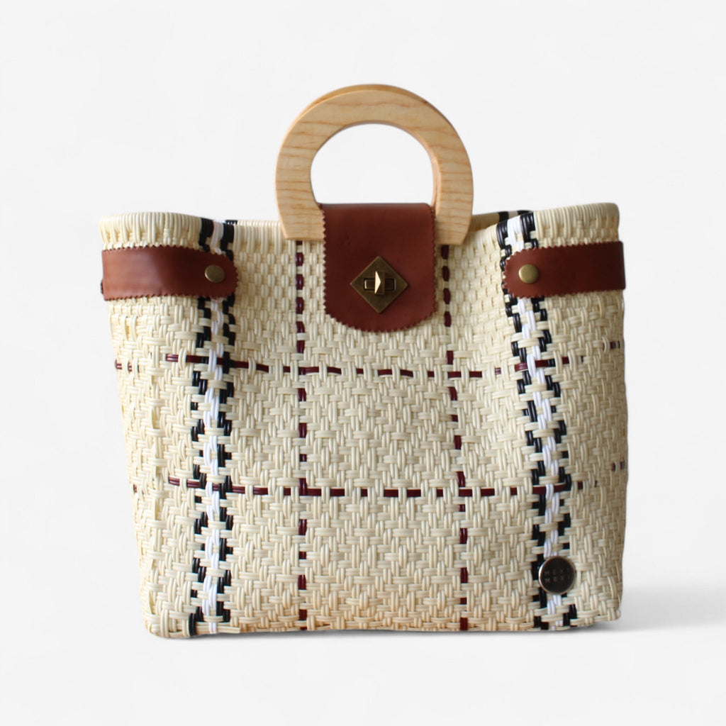 Beige, Black & Red Tote Wood Handles