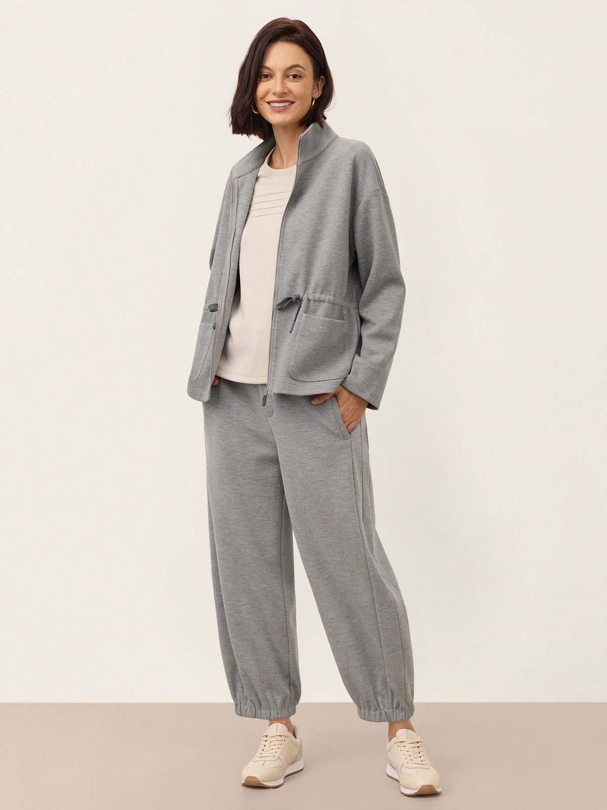 Wool Mid Waist Curved Leg Drawstring Hem Pants ZORELLE