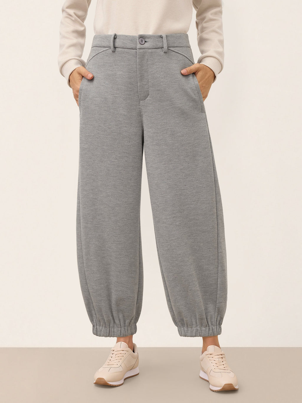 Wool Mid Waist Curved Leg Drawstring Hem Pants ZORELLE