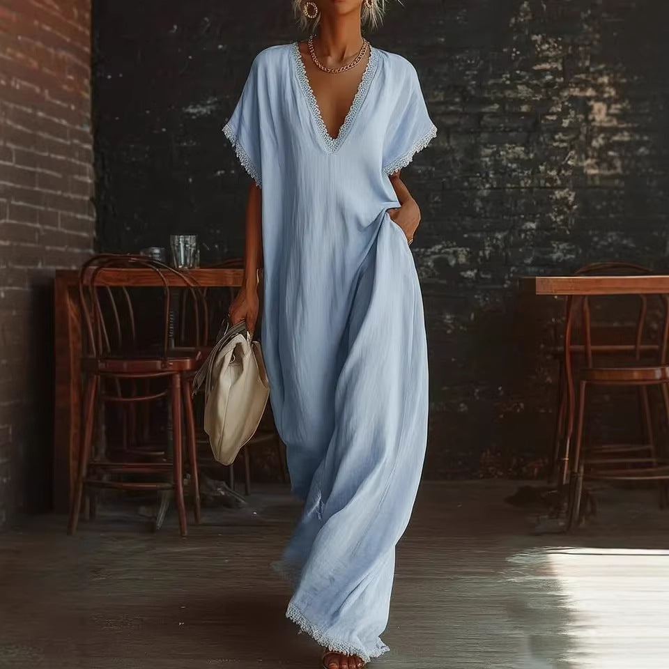 Lace-Trimmed Loose Long Dress for Women