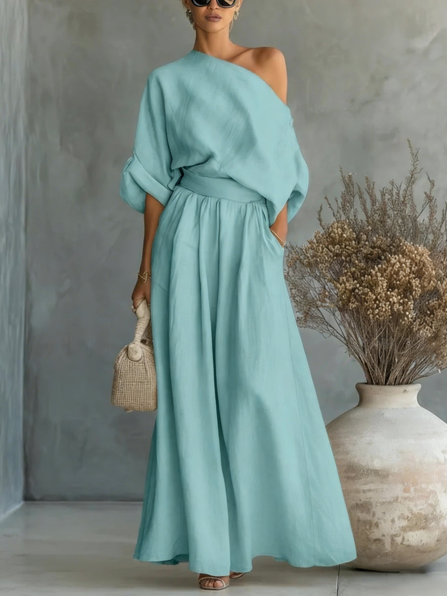Cropped Off-Shoulder Top & Pants Two-Piece Set – 8 Colors, S–5XL