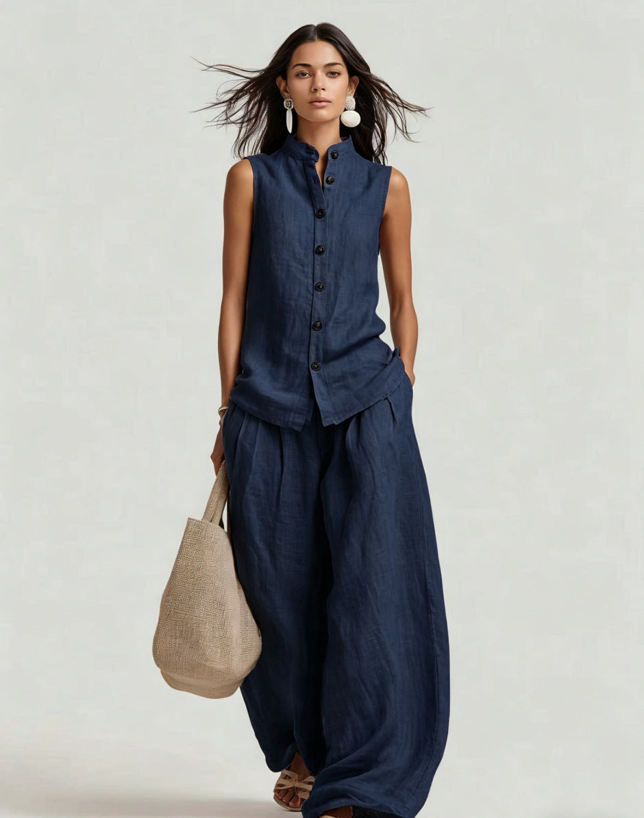 Women's Stand Collar Sleeveless Top & High-Waist Wide-Leg Pants Set