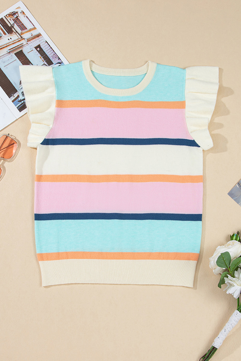 Yasmin Striped Flutter Sleeve Patchwork Top