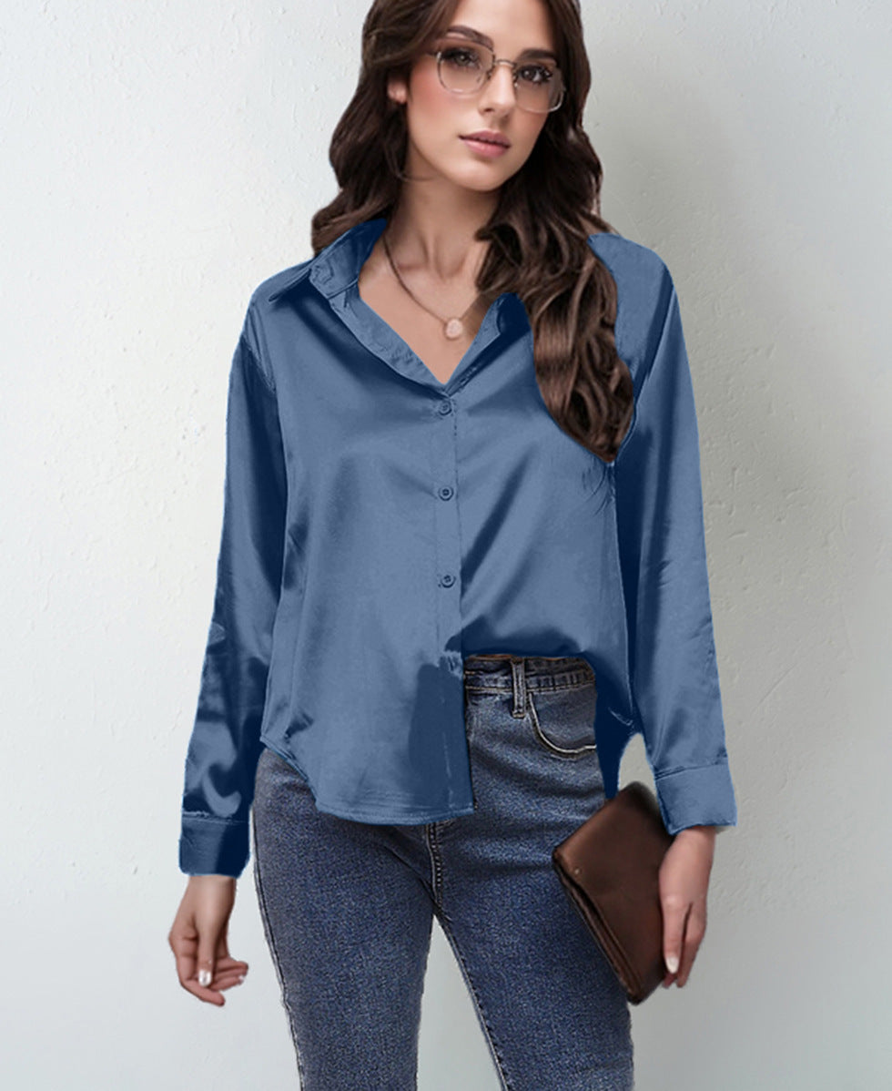 Women’s Satin Lapel Button-Down Blouse