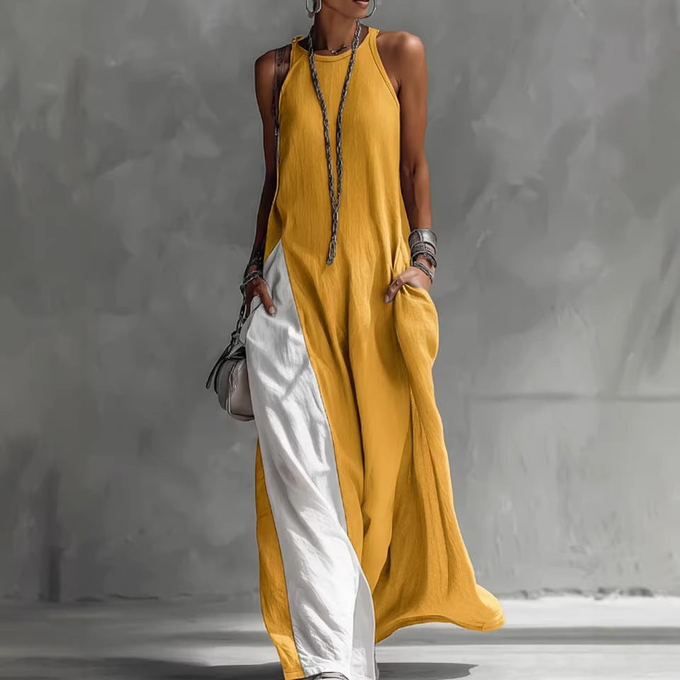 Women's Sleeveless Loose Contrast Color Dress with Pockets