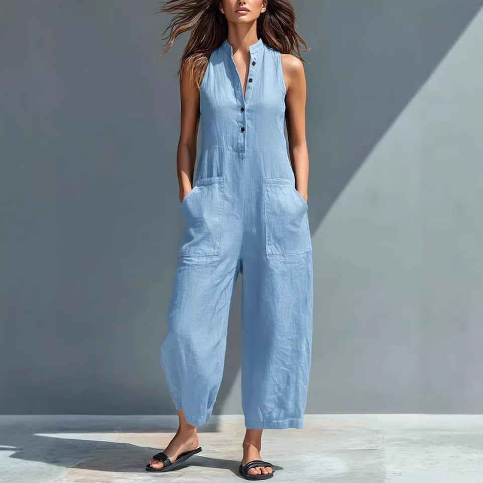 Casual Women’s Buttoned Stand Collar Sleeveless Loose Jumpsuit