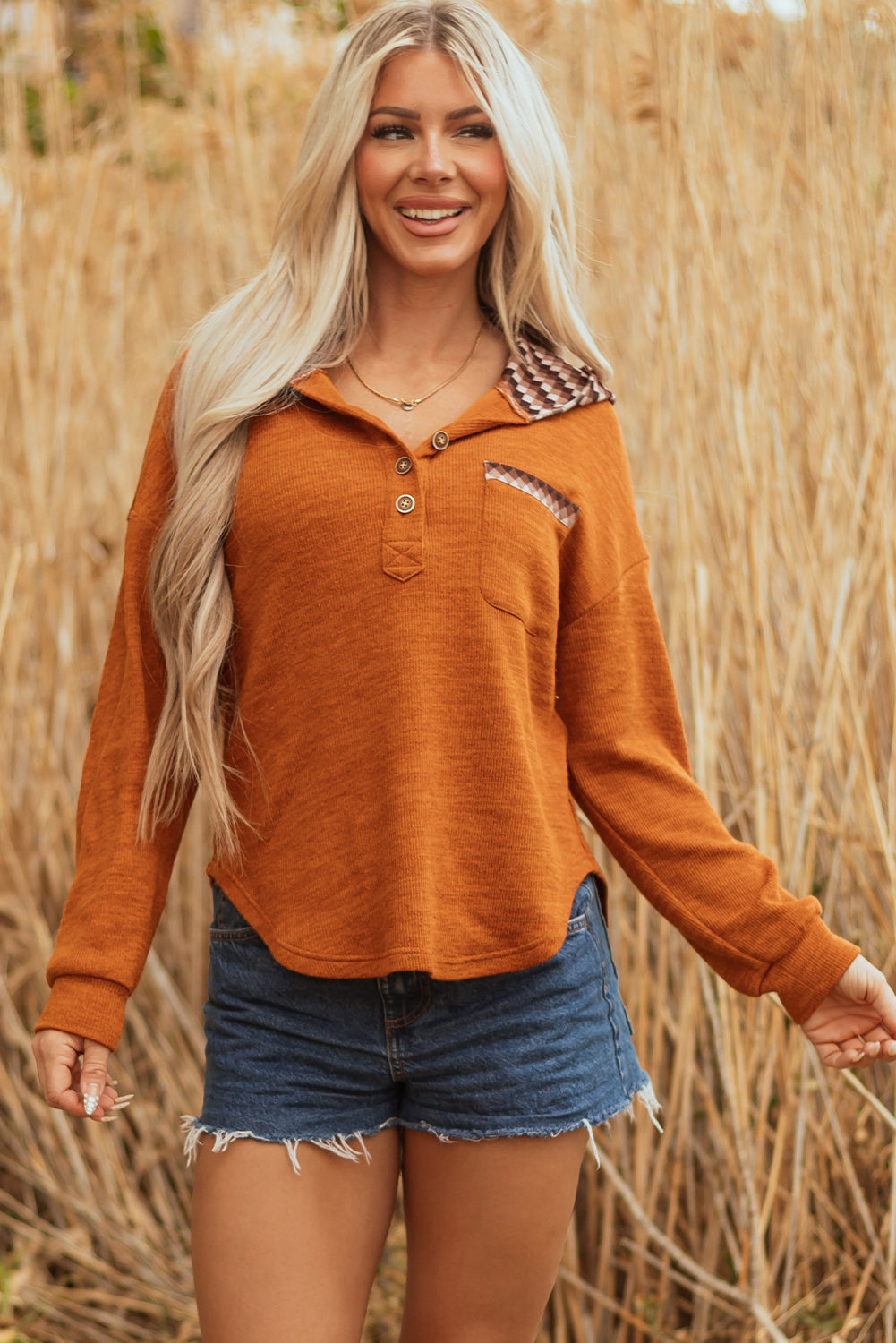 Payton Plaid Hood Patchwork Chest Pocket Henley Top