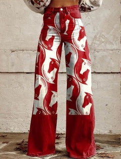 Women's Printed Flare Pants – Mid-Waist Full Length Plus Size
