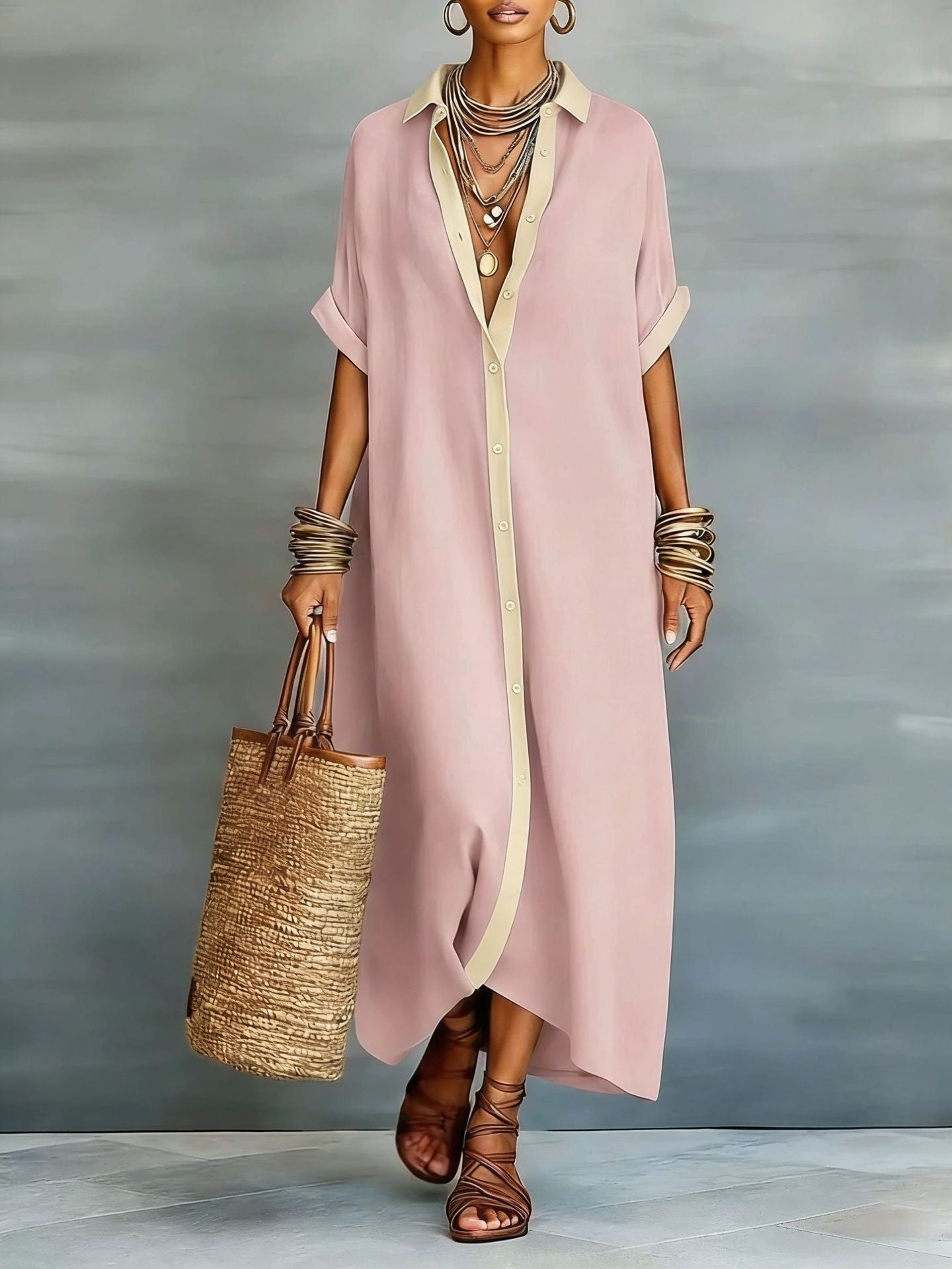 Color-Block Shirt Maxi Dress – Women's Loose Button-Front Long Dress with Contrast Collar