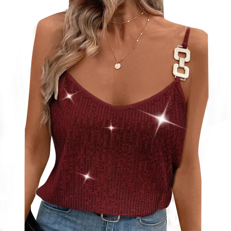 Sequin V-Neck Camisole – Rhinestone Strap Sparkly Top