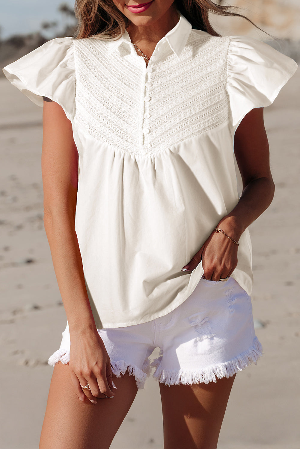 Noor Half Button Lace Flutter Sleeve Blouse