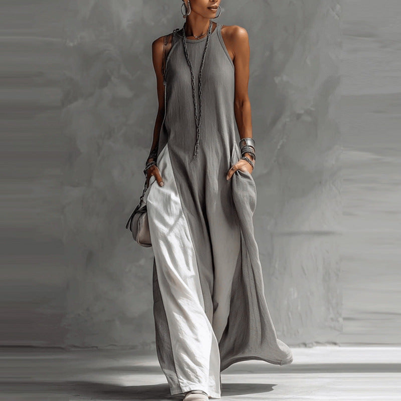 Women's Sleeveless Loose Contrast Color Dress with Pockets