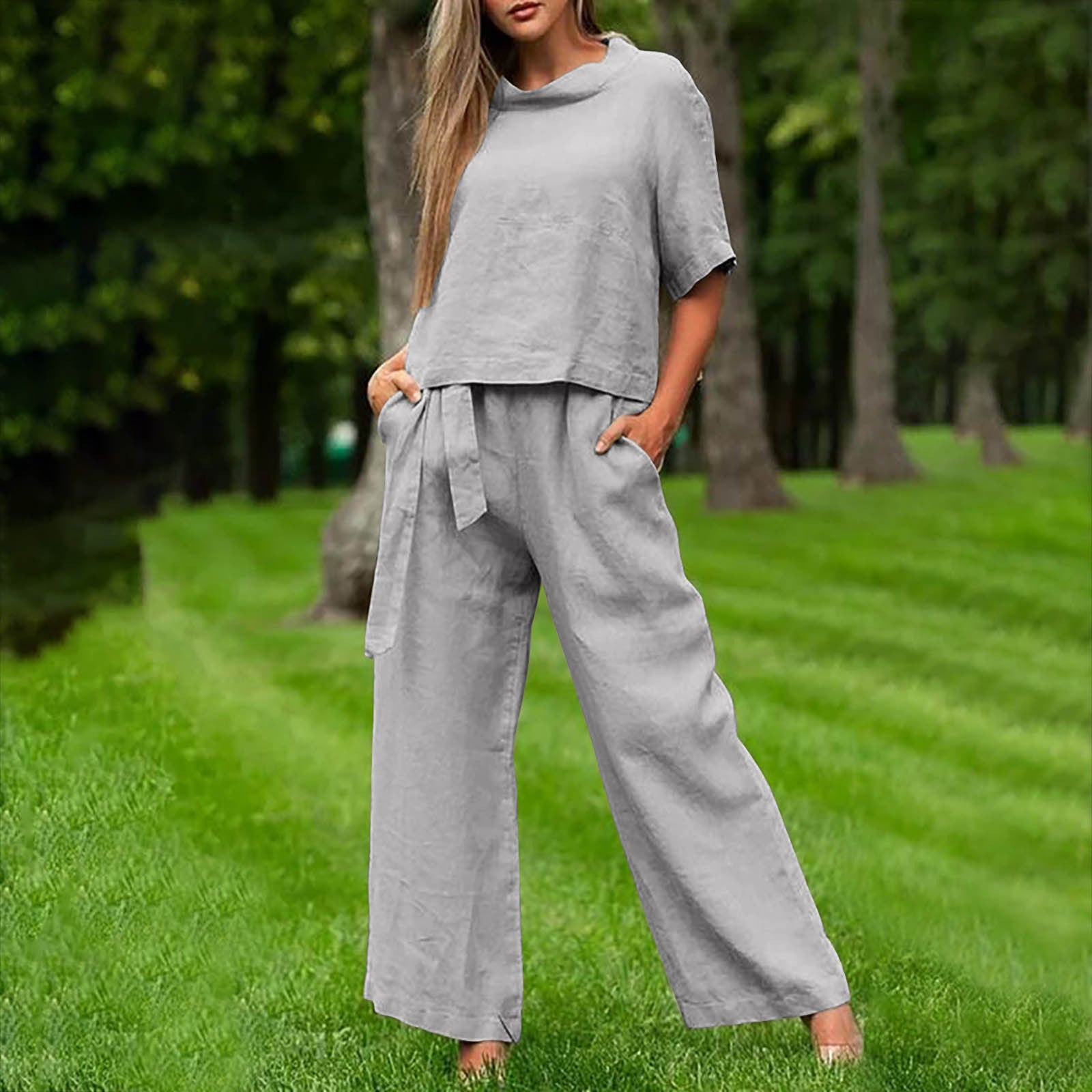 Round-Neck 3/4 Sleeve Top & Pants Two-Piece Set – 6 Colors, S–XXL