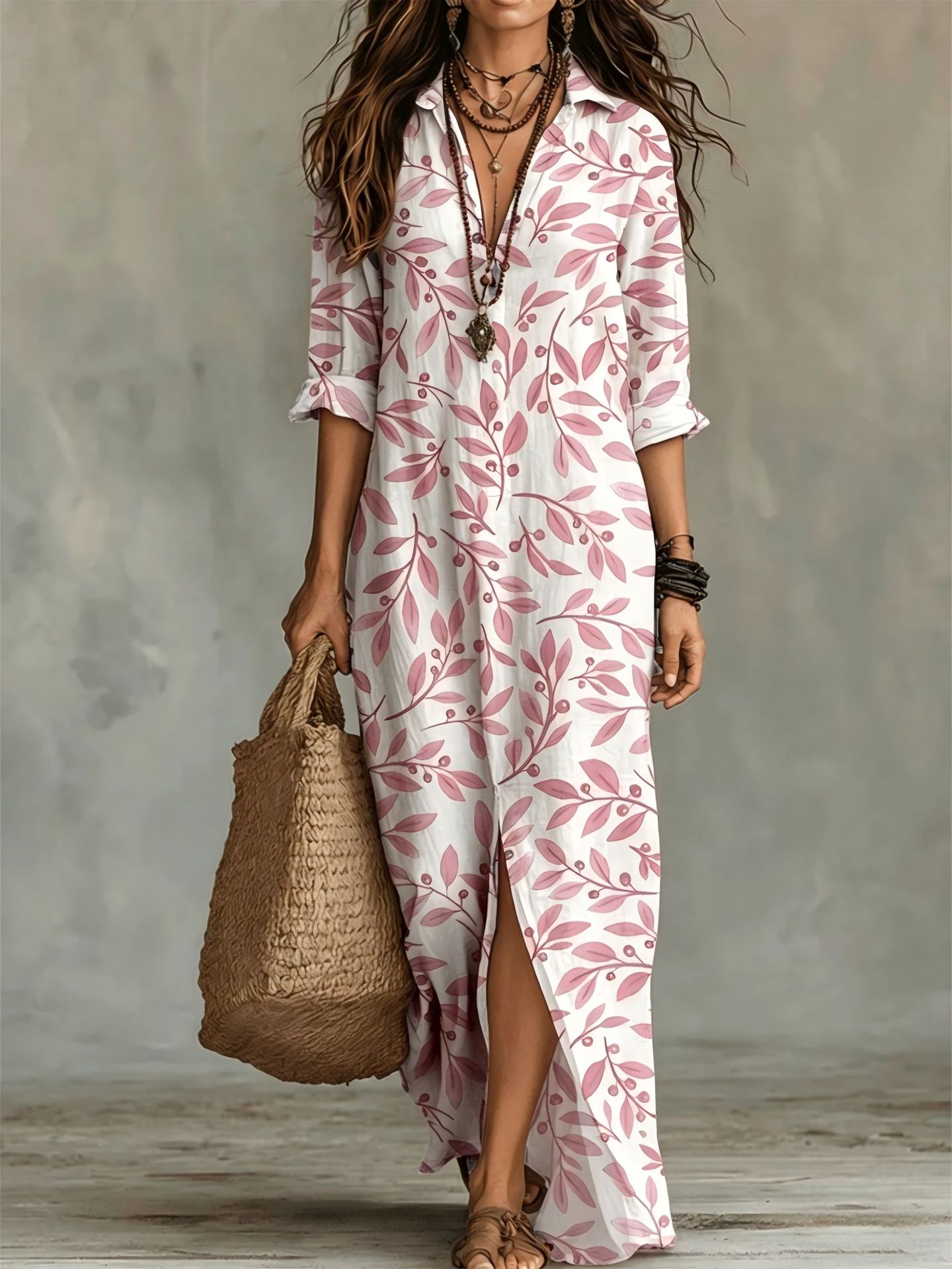 Digital Print Lapel Midi Shirt Dress – 5 Colors, S–3XL
