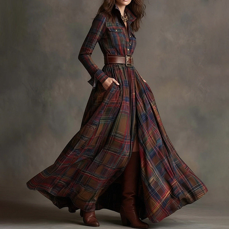 Women's Printed Lapel Slim-Fit Dress – Elegant Commuter Style