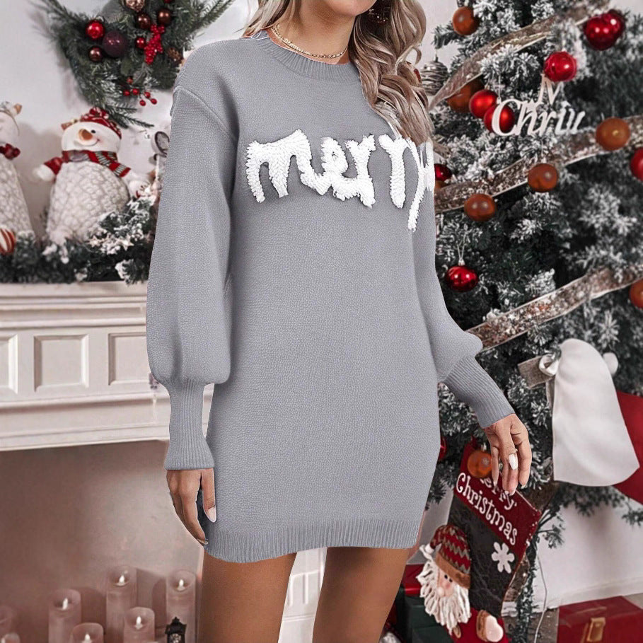 Women’s Knitted Round Neck Lantern-Sleeve Pullover Sheath