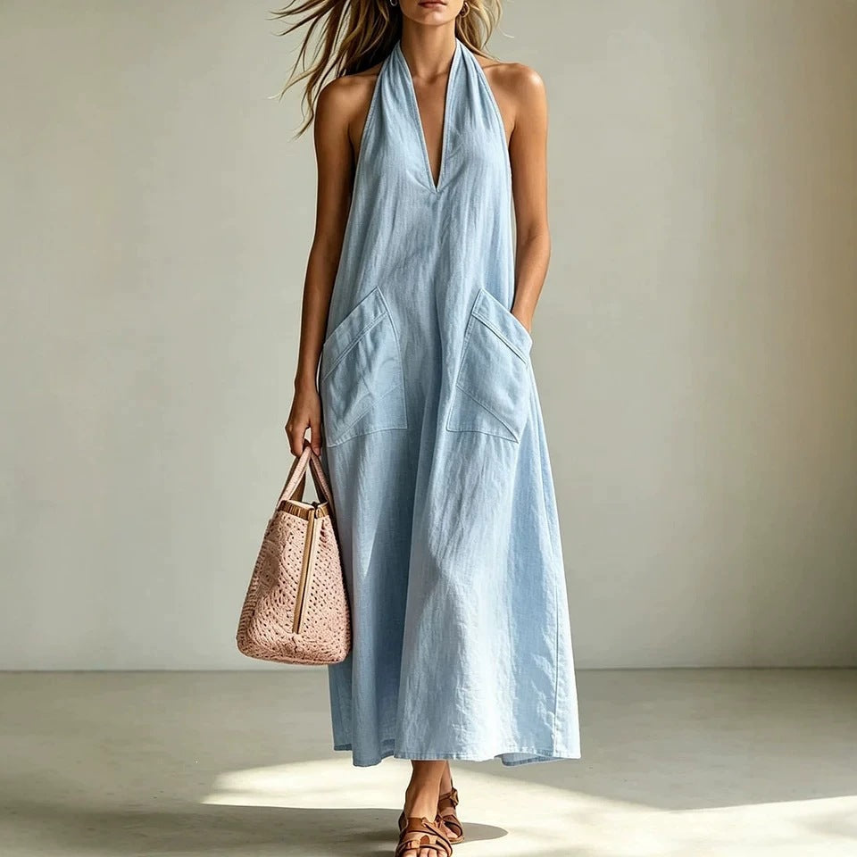 Cotton Halterneck Sleeveless Deep V-Neck Loose Straight-Line Dress