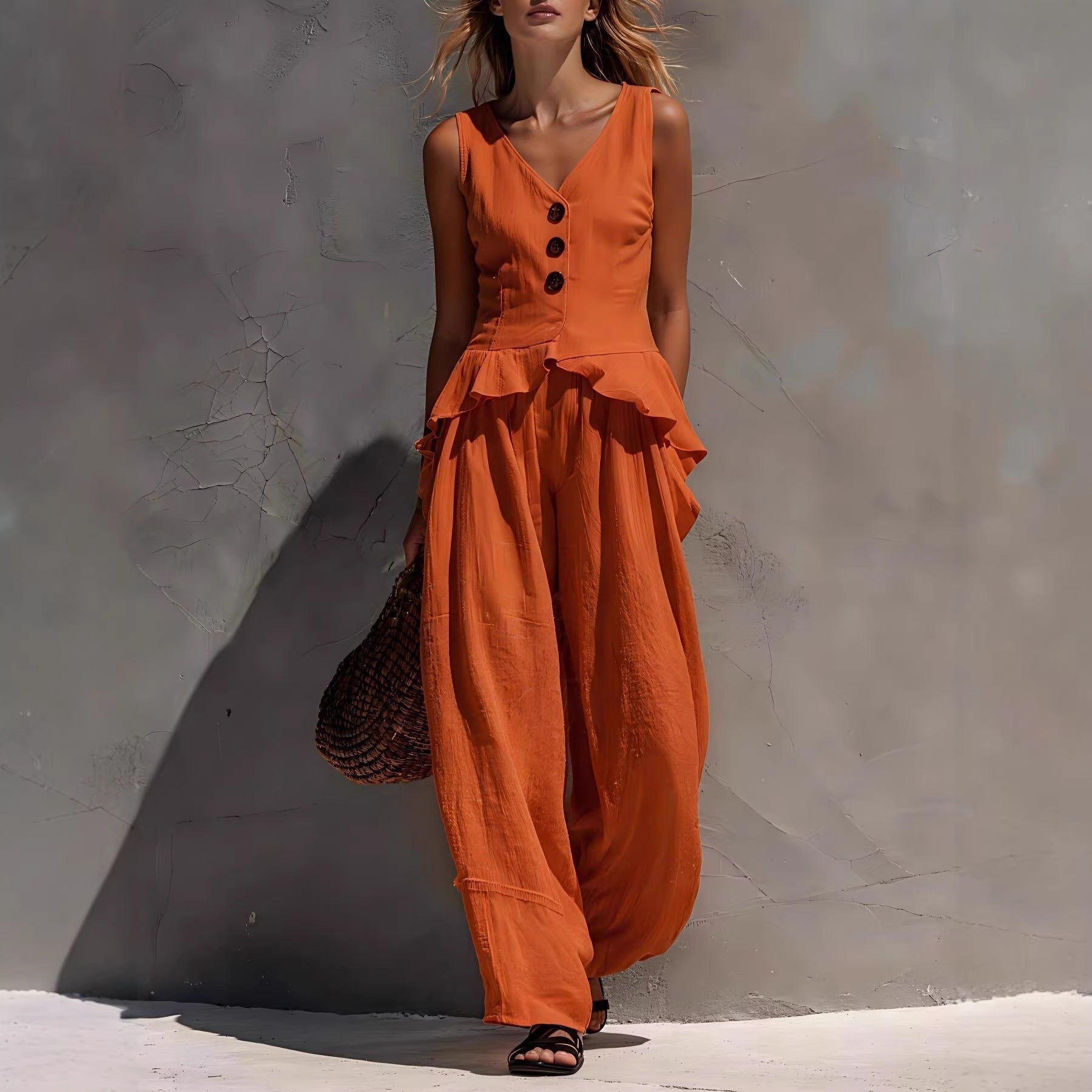 Ruffled Tank Top & Draping Wide-Leg Pants Set – 6 Colors, S–3XL