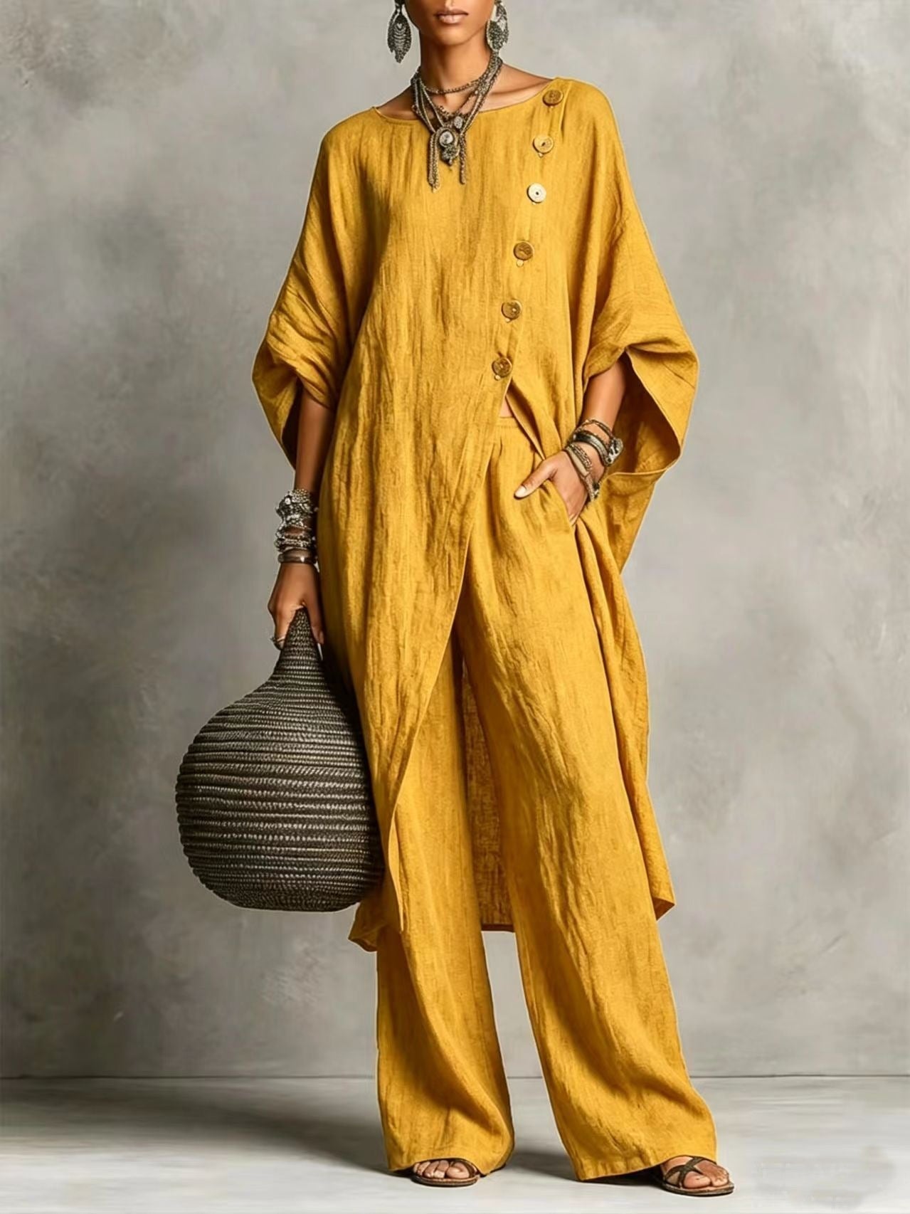 Women's Drop Shoulder Three-Quarter Sleeve Irregular Shirt & Pants Set