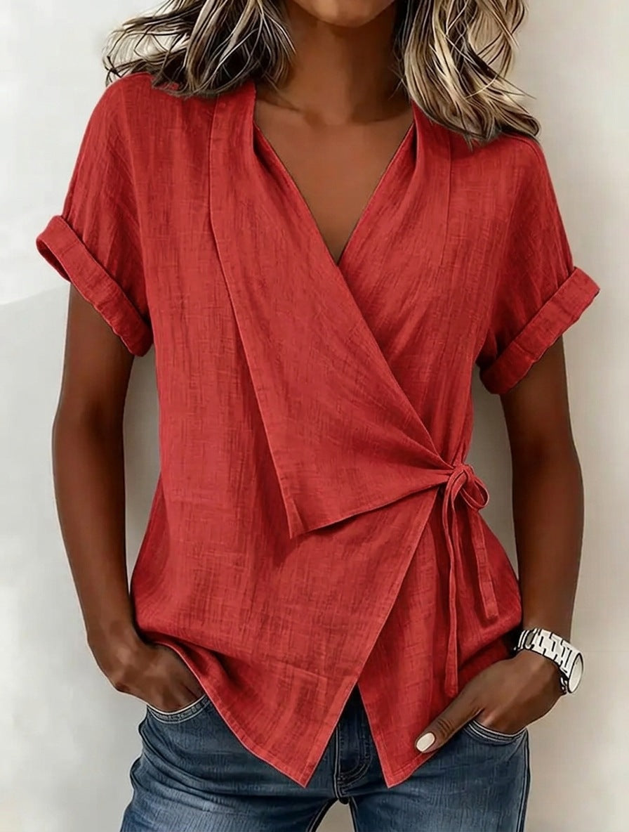 Women's Casual Lapel Collar Lace-Up Short-Sleeve Linen Top
