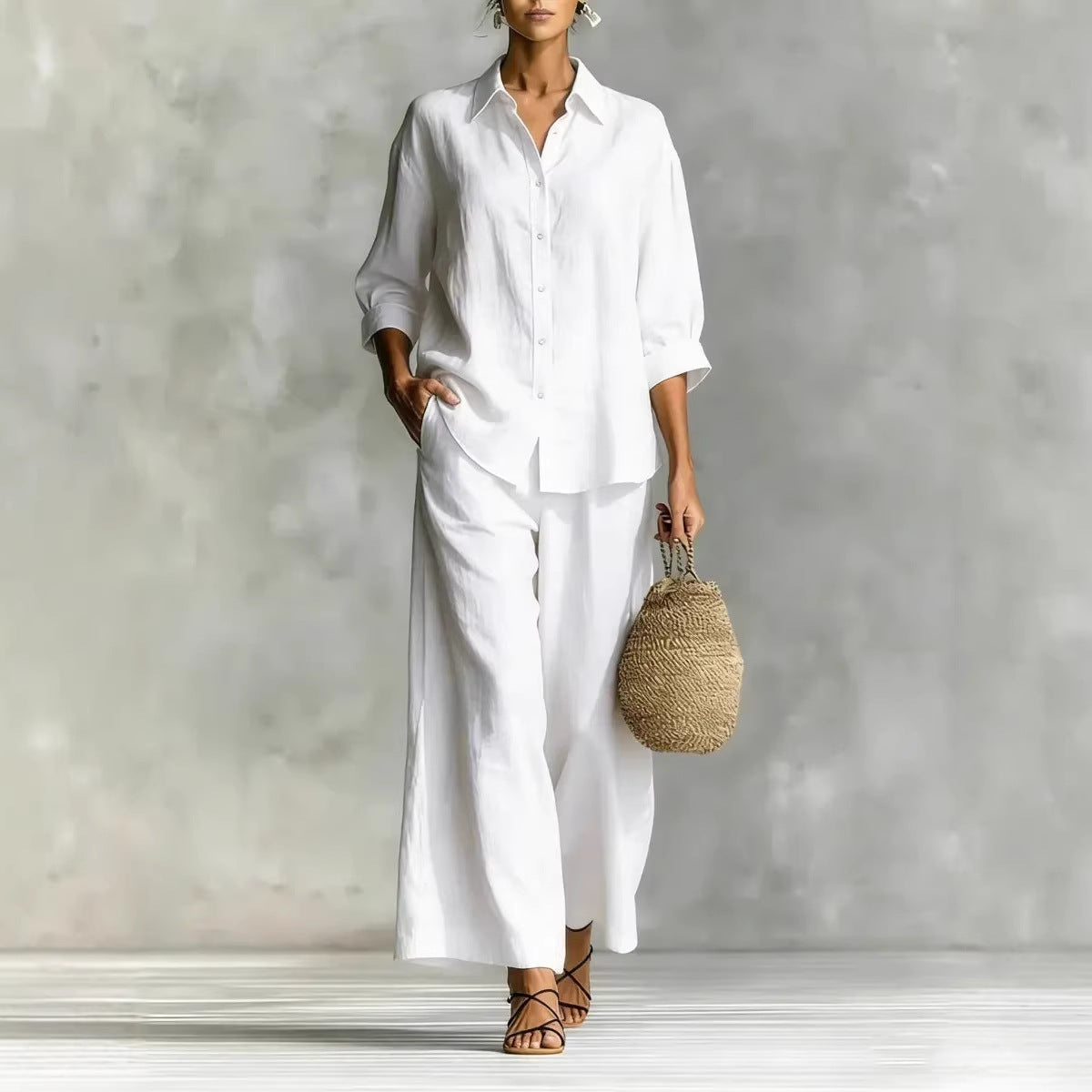 Cotton-Linen Shirt & Wide-Leg Pants Suit – 6 Colors, S–5XL