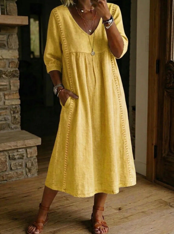 Women's V-Neck Dress – Lace Trim, Loose Fit, 7 Colors