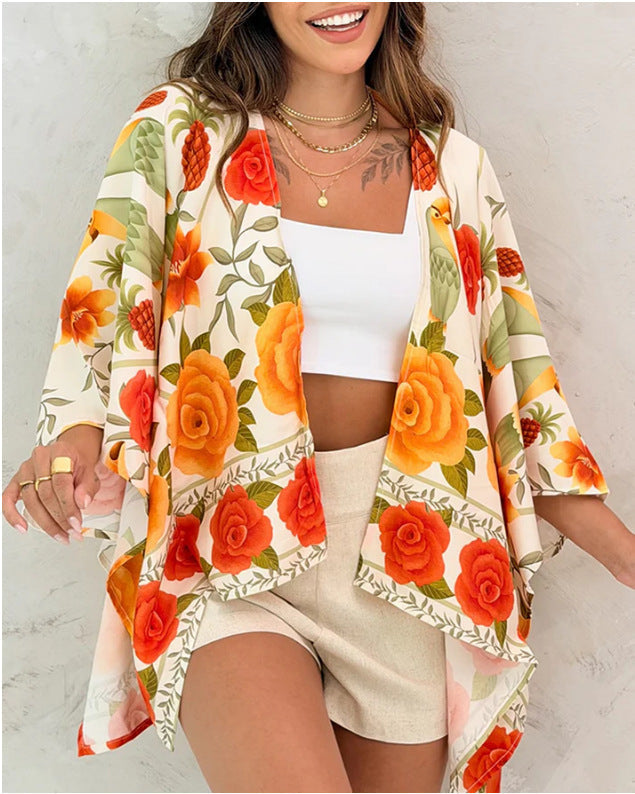 Women’s Printed Cardigan Top with Drop Shoulder Sleeves