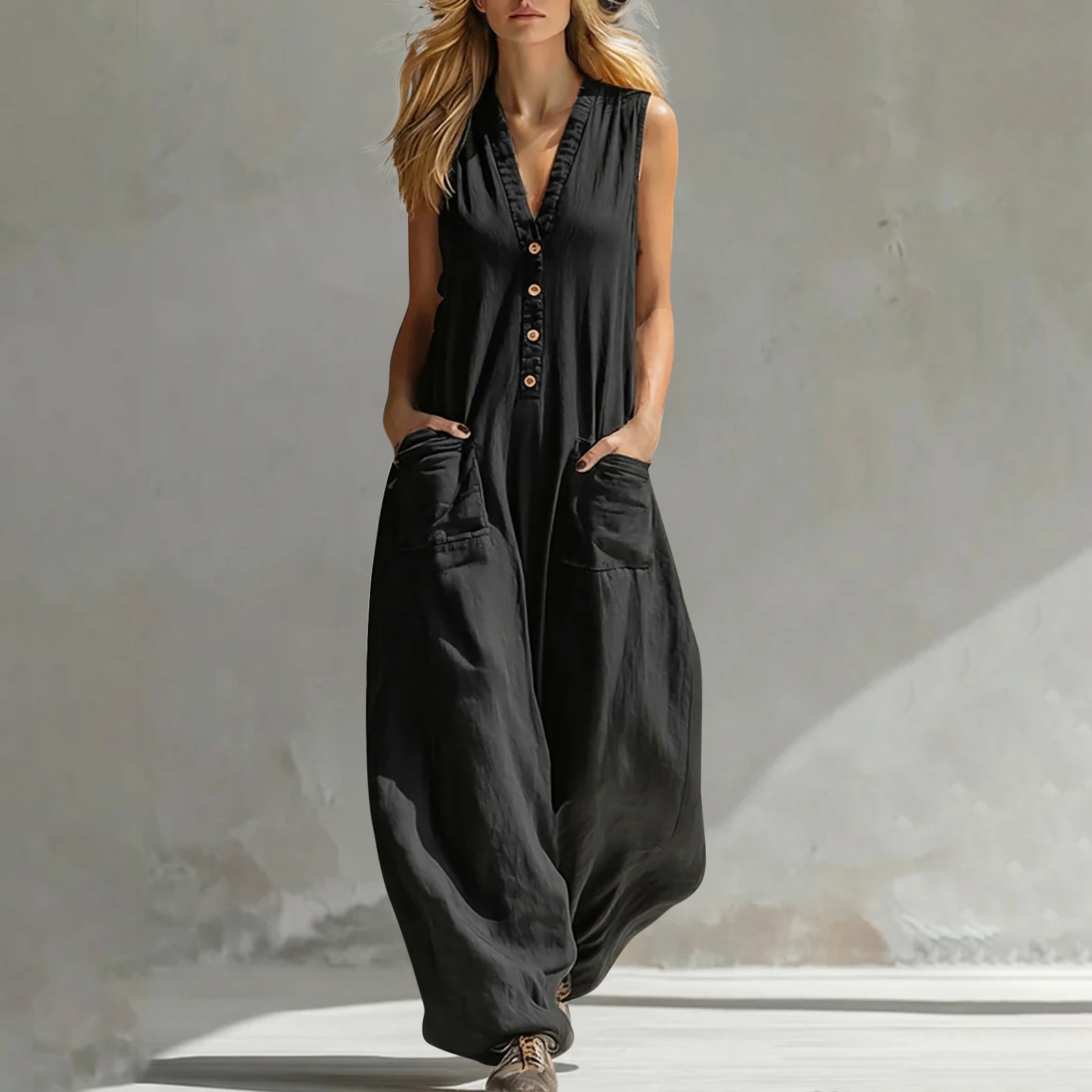 Women's Sleeveless Wide-Leg Jumpsuit with Pockets