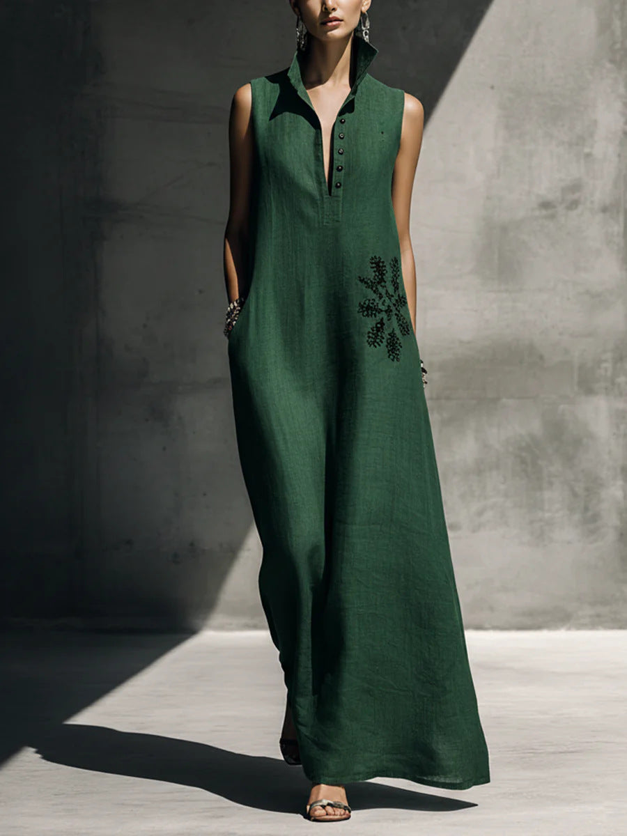 Women's Cotton Linen Mandarin Collar Maxi Dress – Graphic Print with Pockets