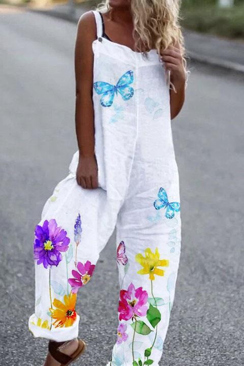 Women's Butterfly Print Overalls – Sleeveless Loose Fit Suspender Pants