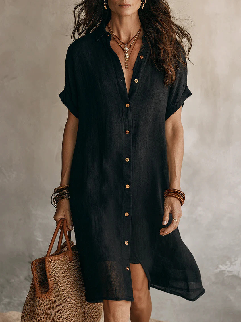 Women's Buttoned Midi Shirt Dress – Short Sleeve Cotton Linen