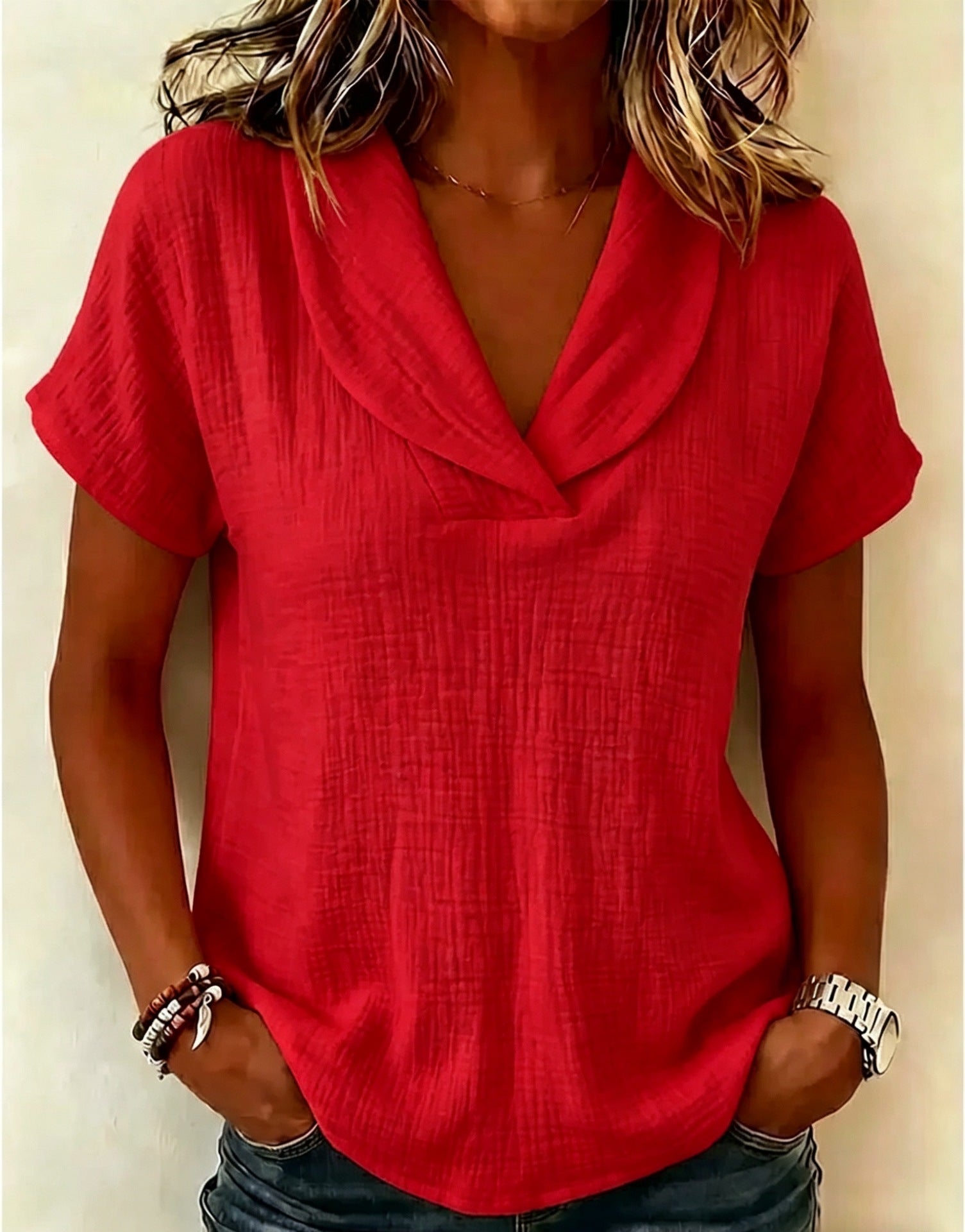 Women's Knitted Short-Sleeve Butterfly Collar Top