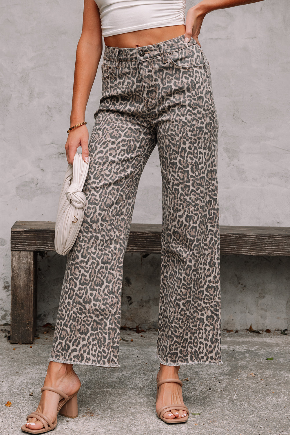 Brianna Leopard Frayed Edge Wide Leg High Waist Jeans