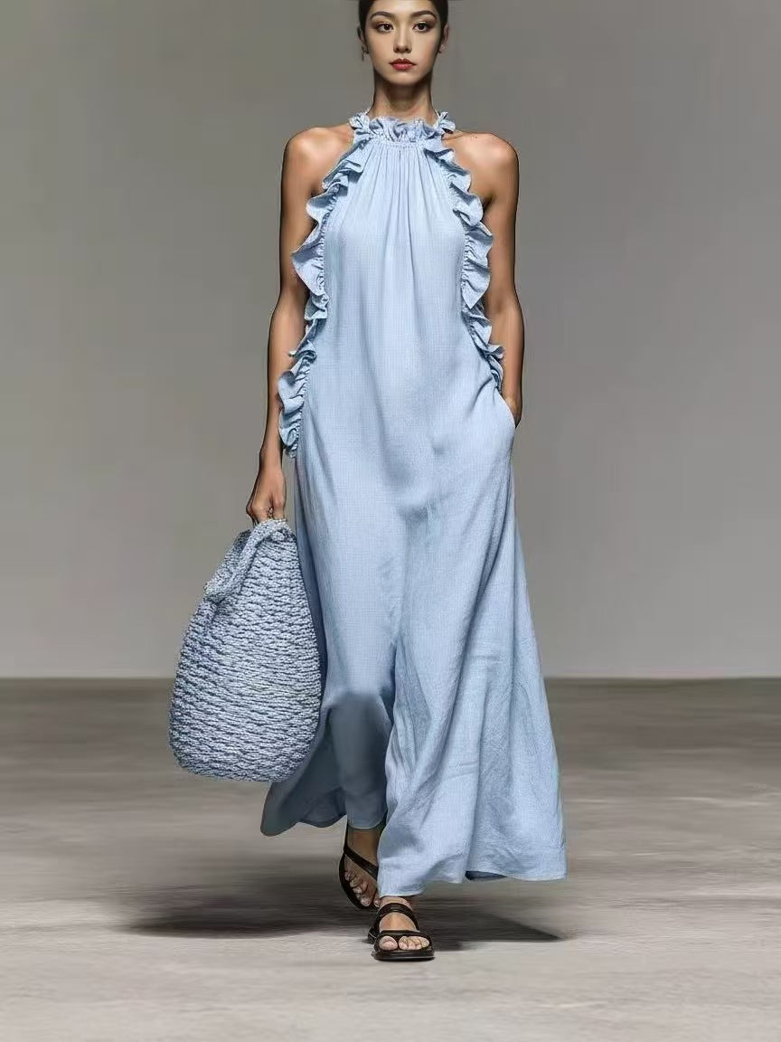 Halter Neck Ruffled Sleeveless Dress – Loose Fit Flowy Dress With Pockets