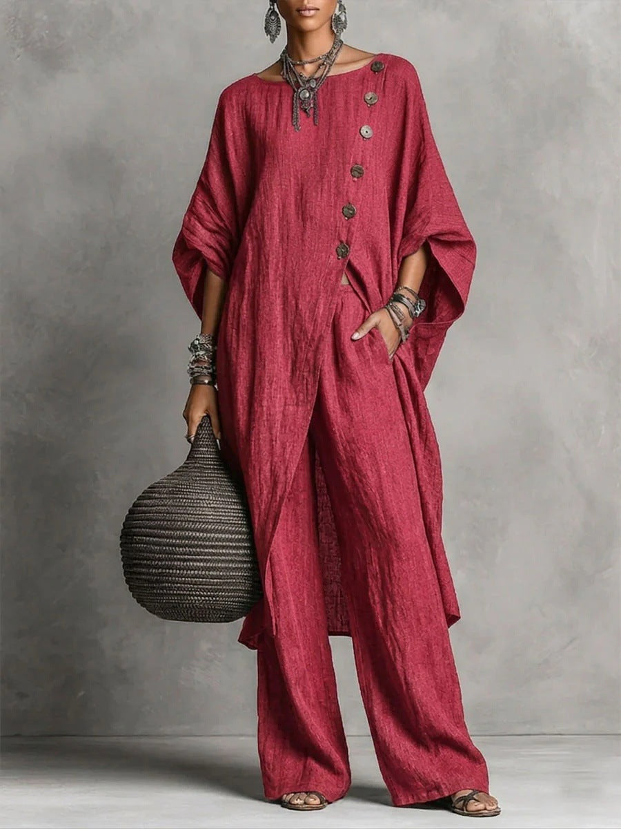 Women's Drop Shoulder Three-Quarter Sleeve Irregular Shirt & Pants Set
