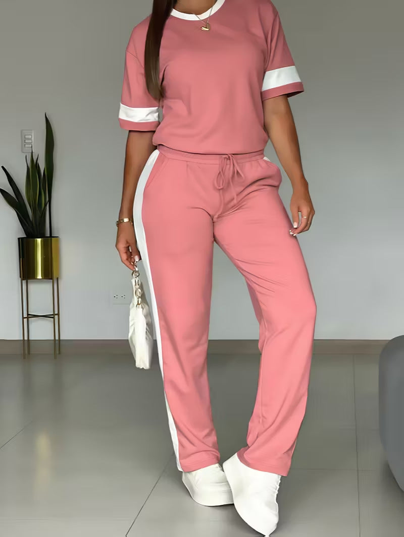 Women's Color-Block Contrast 2-Piece Outfit – Top & Pants Set