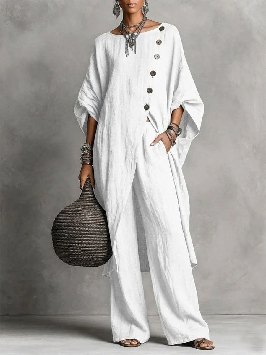 Women's Drop Shoulder Three-Quarter Sleeve Irregular Shirt & Pants Set