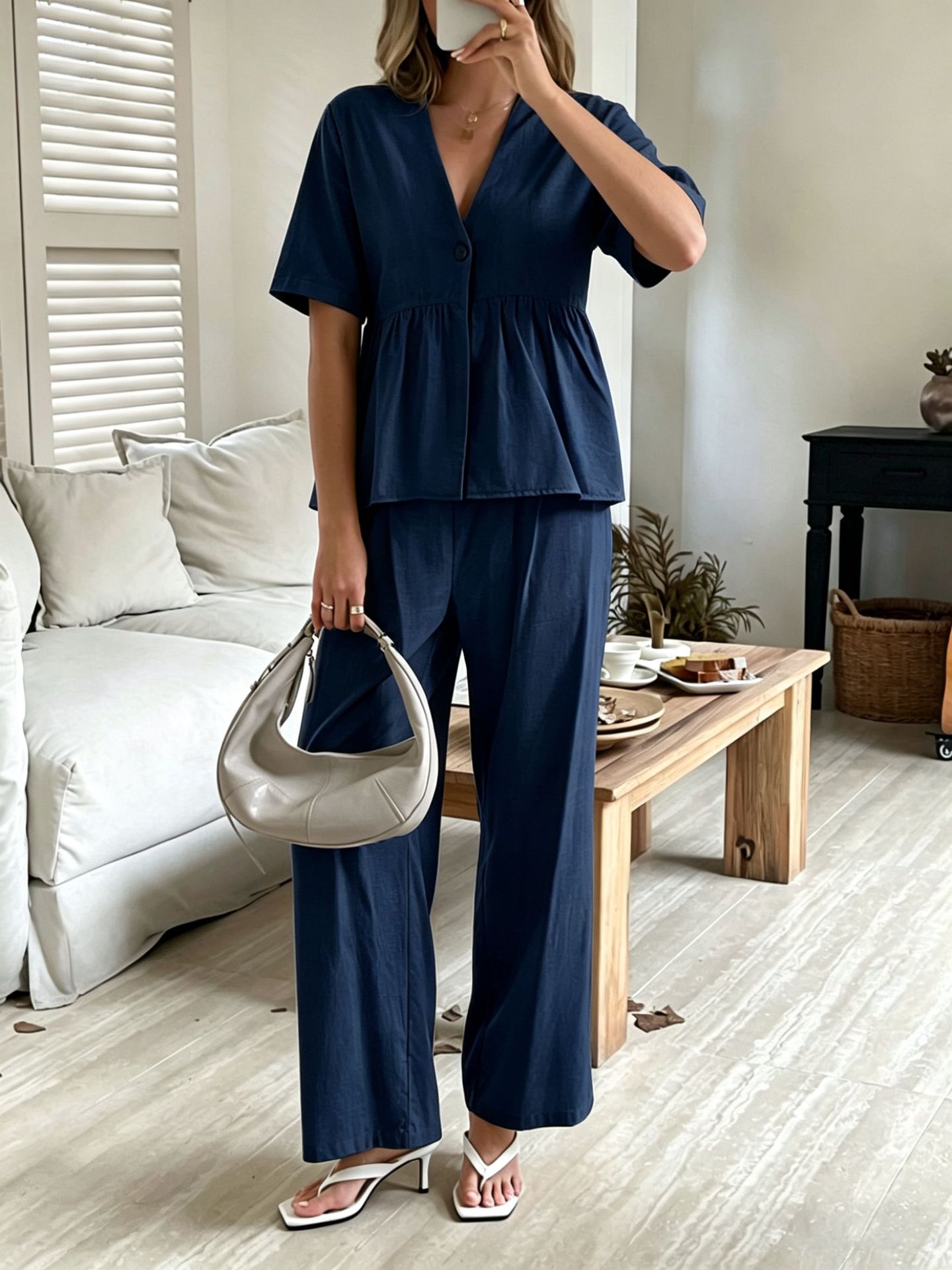 Women's V-Neck Loose Short-Sleeve Top & Wide-Leg Pants Set
