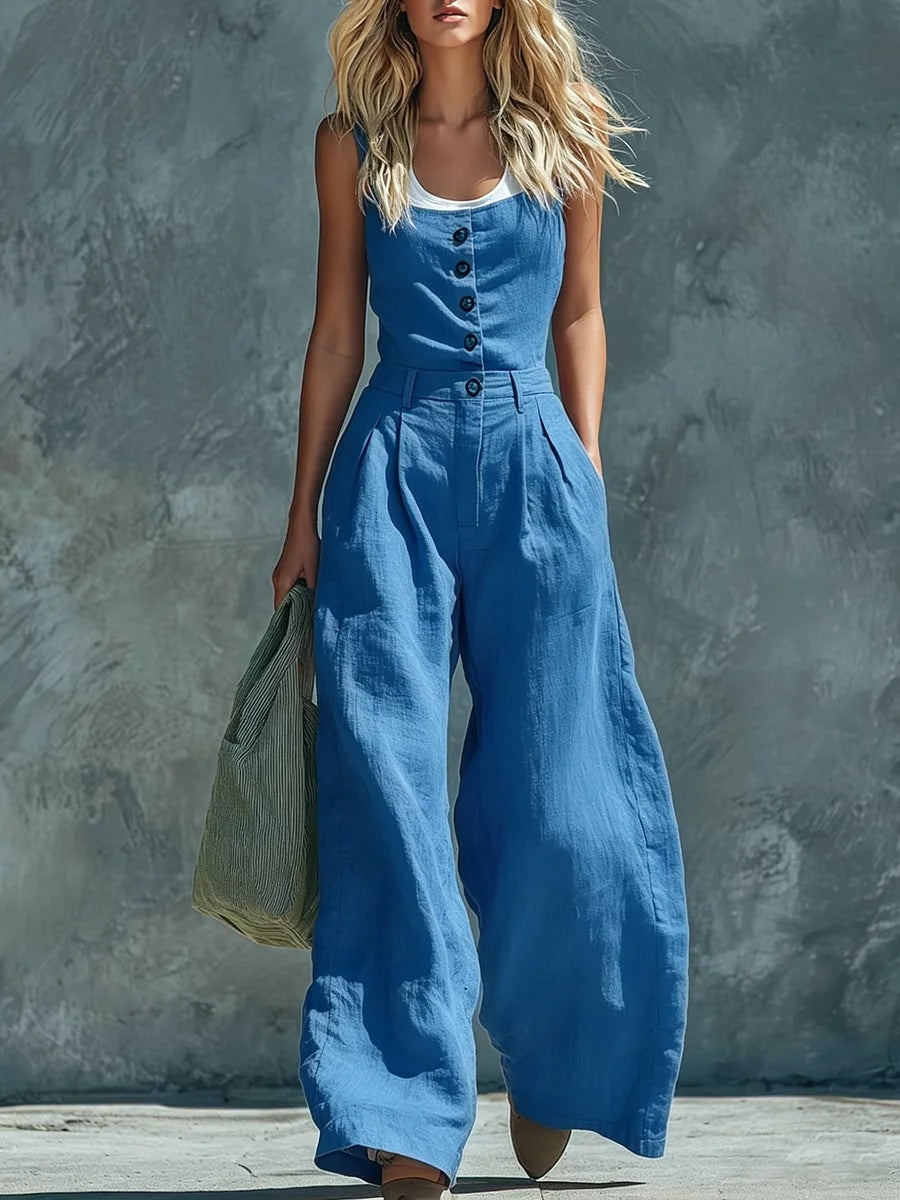 Women's Retro Button-Front High-Waist Wide-Leg Jumpsuit