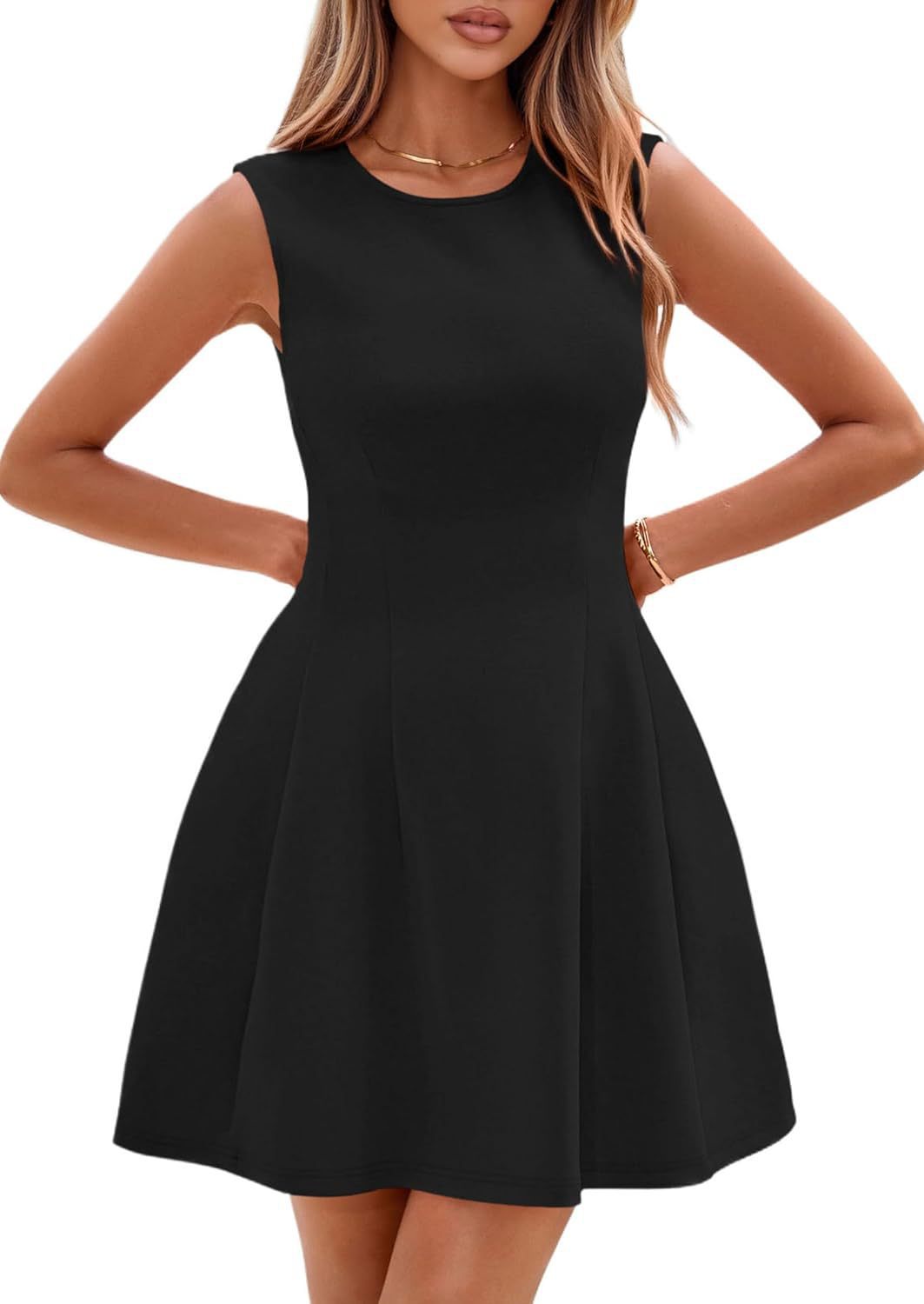 Sleeveless Solid Color Pleated Dress | Flared Midi Casual