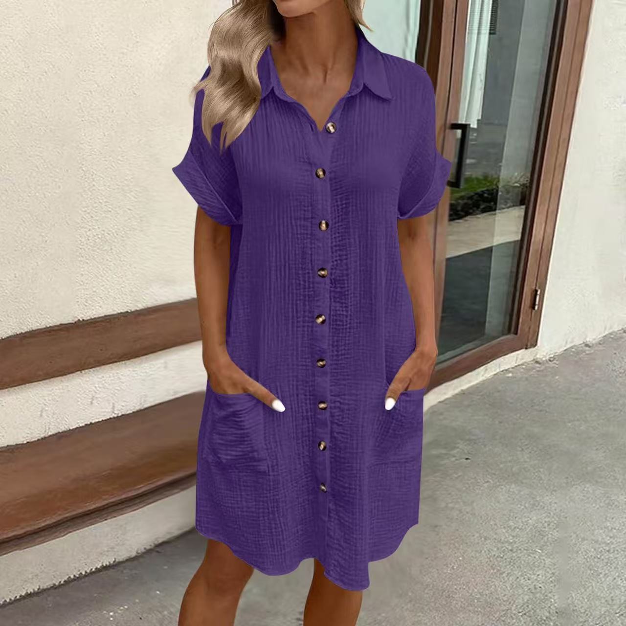Women's Casual Loose Short-Sleeve Midi Shirt Dress – Button-Down