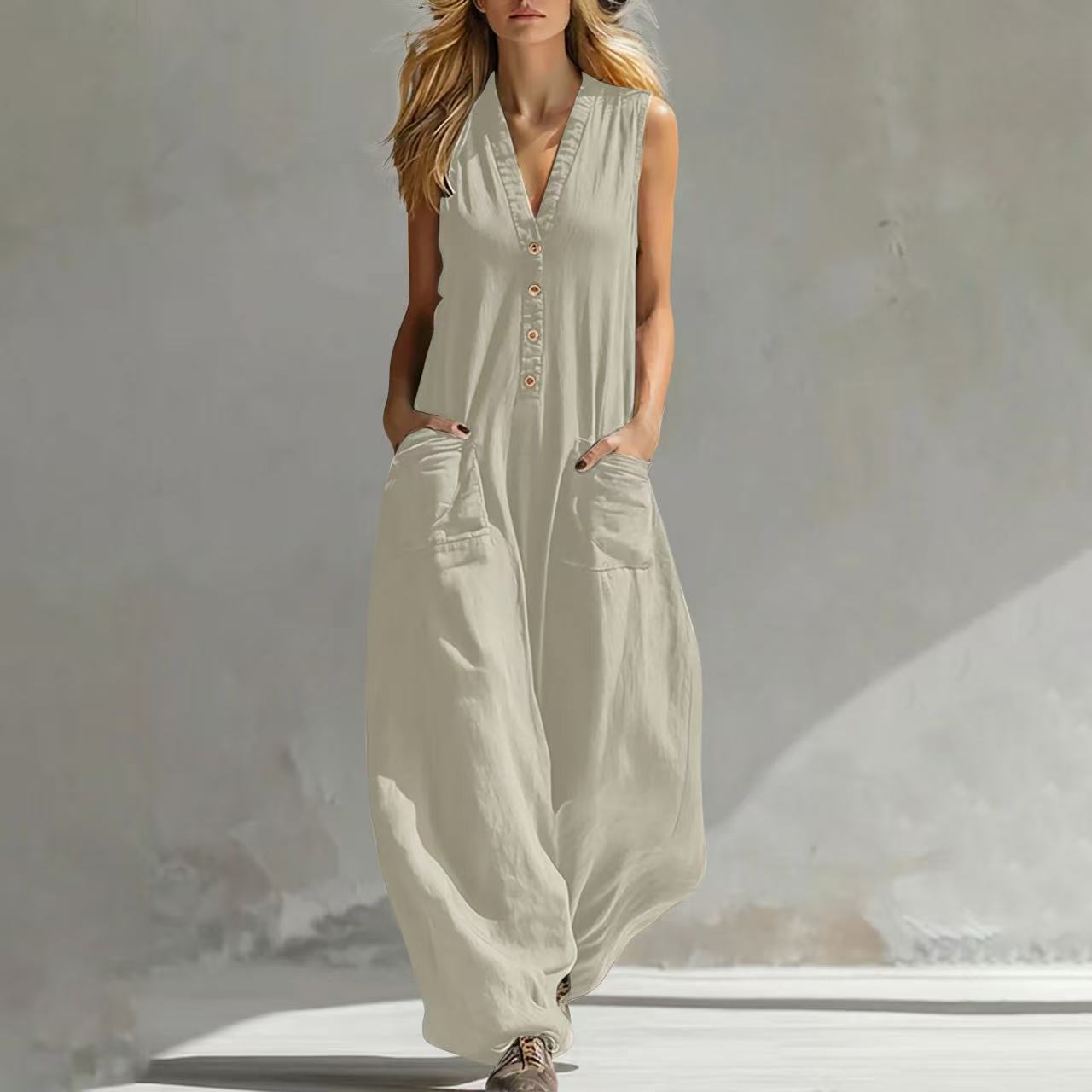 Women's Sleeveless Wide-Leg Jumpsuit with Pockets