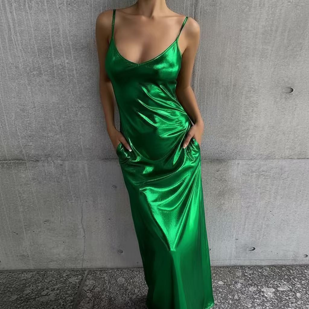Textured Mirror-Finish U-Neck Slip Maxi Dress with Pockets
