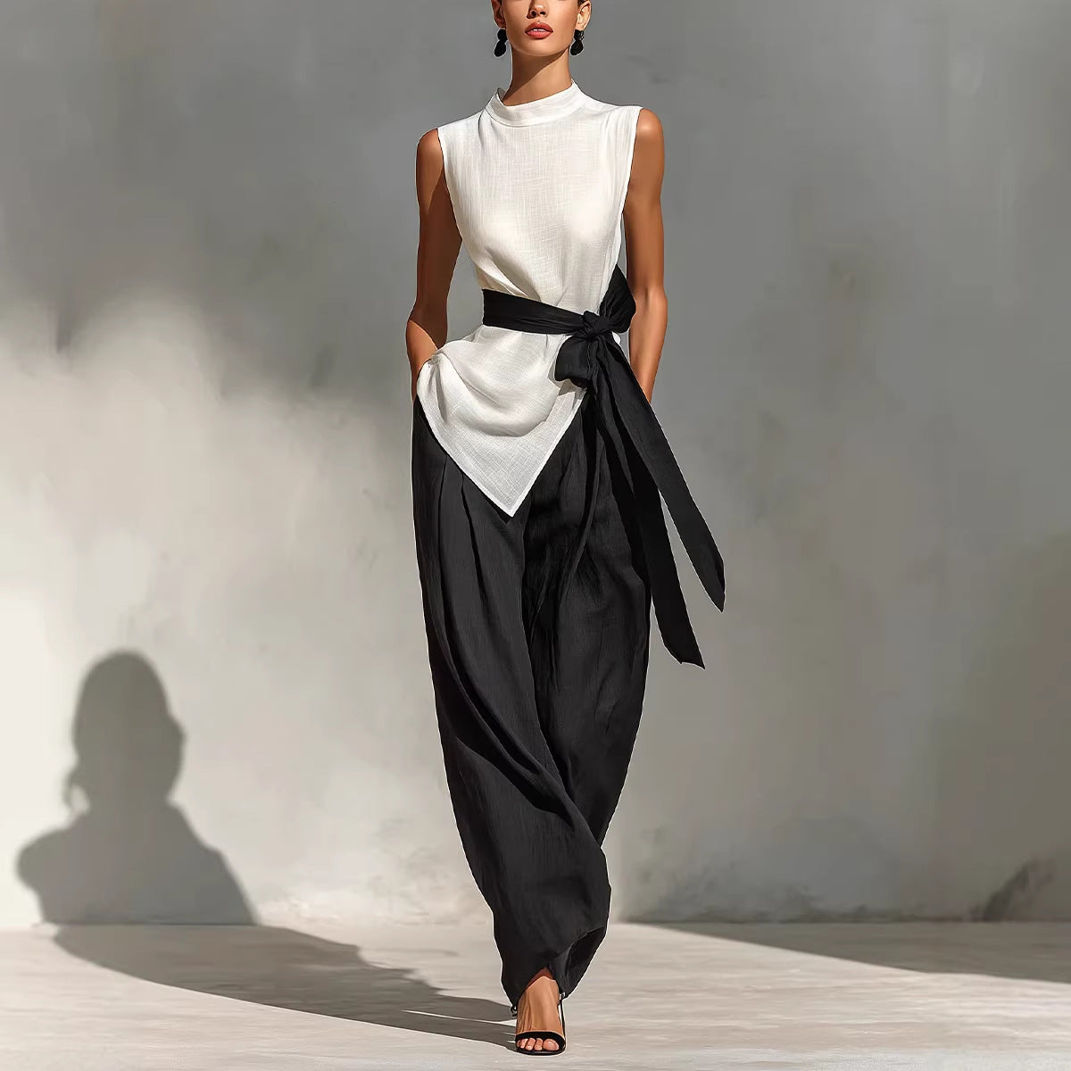 Women's Lace-Up Sleeveless Top & Wide-Leg Pants Set