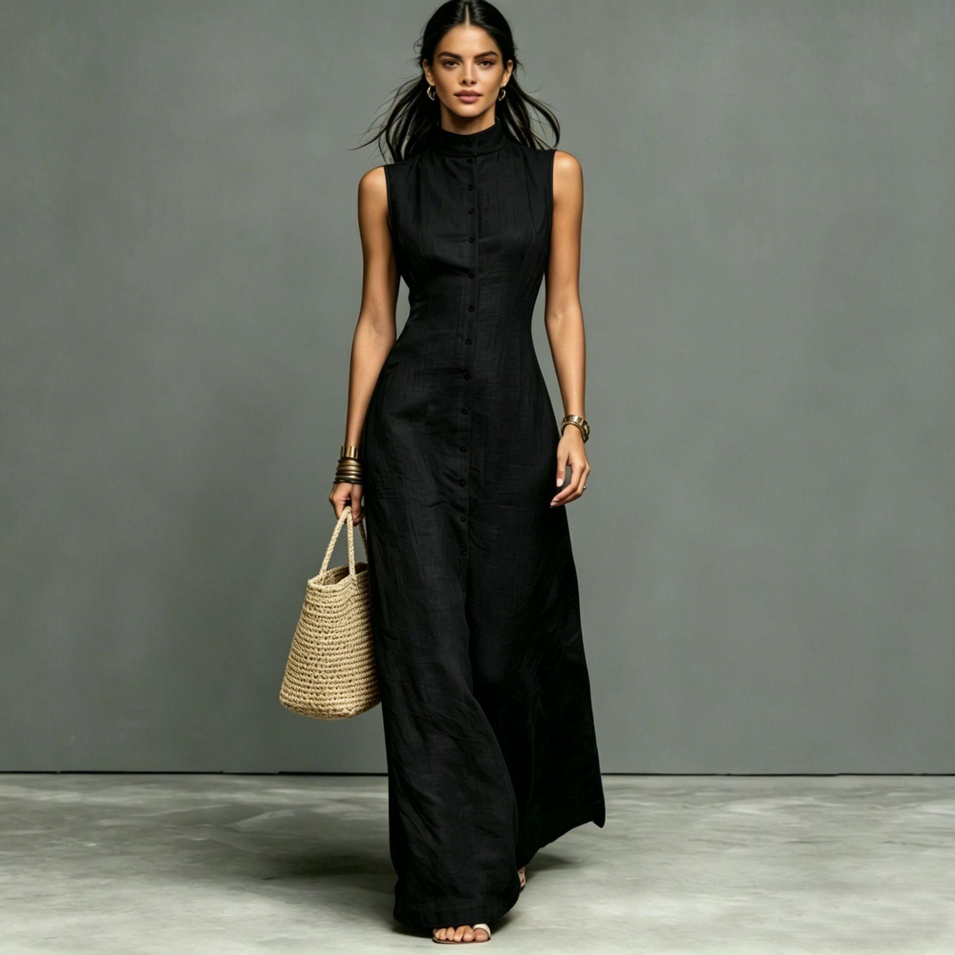 Women's Stand-Collar Single-Breasted Sleeveless Midi Dress