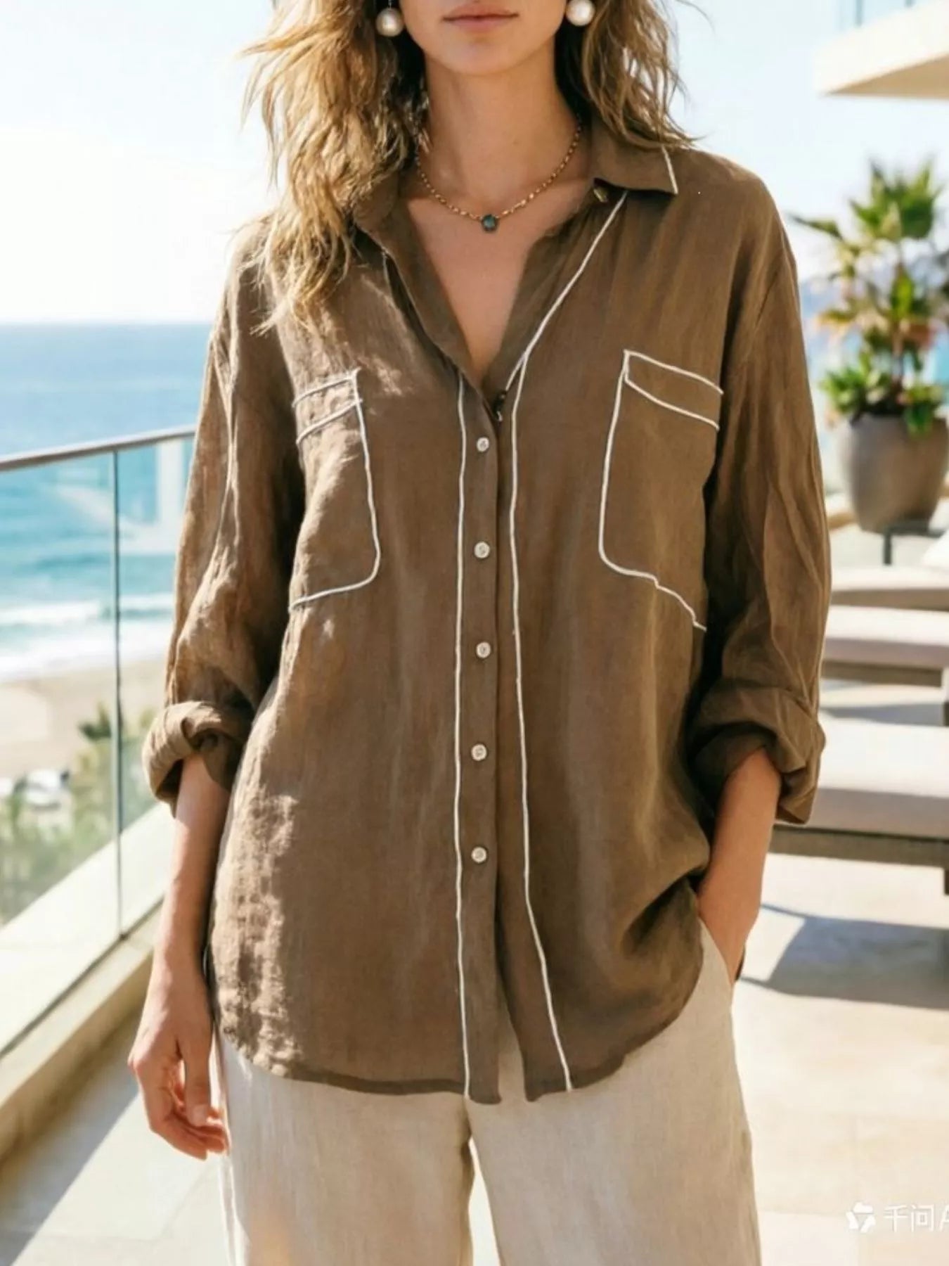 Contrast Trim Button Up Long Sleeve Shirt