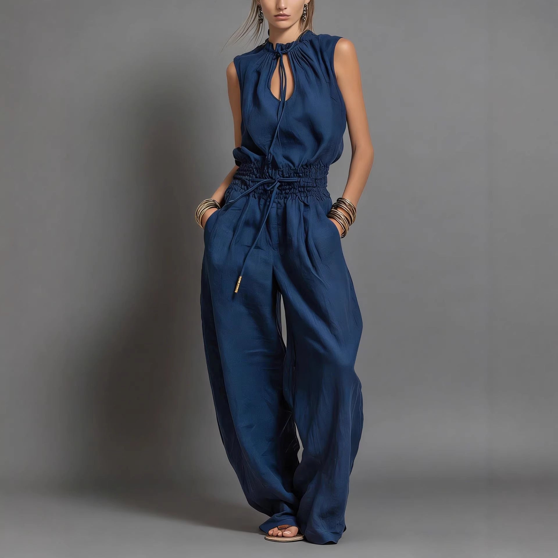 Women's Sleeveless High-Waist Wide-Leg Pleated Jumpsuit