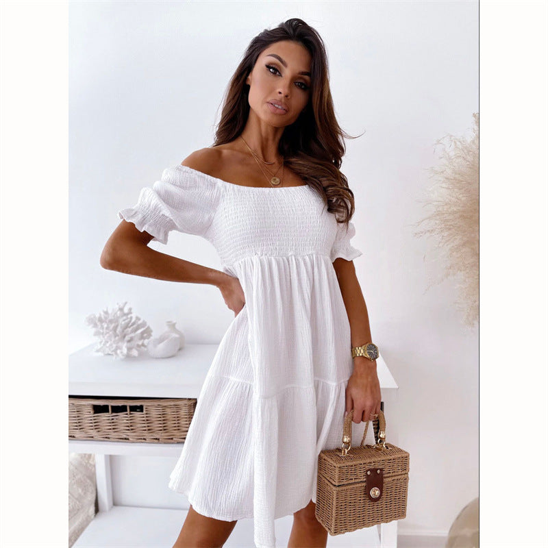 Casual One Word Collar Wrinkle Puff Sleeve Mid Dresses